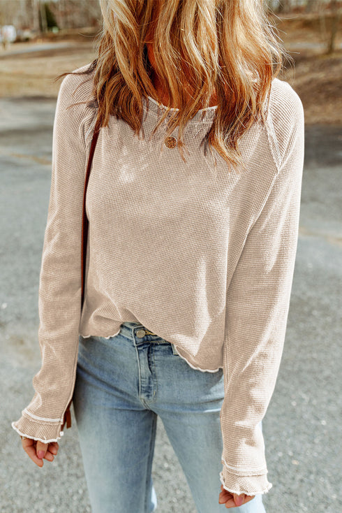 Seam Detail Waffle Knit Crew Neck Relaxed Fit Long Sleeve Top